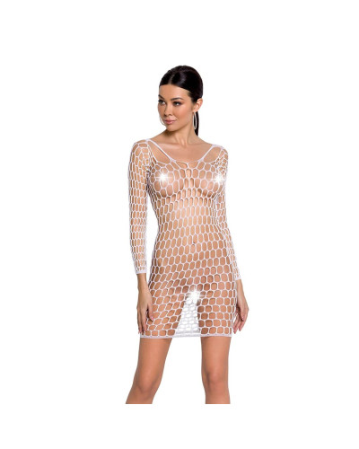 Бодістокінг-сукня з глибоким коміром Passion BS093 white, довгі рукави - Фото №1