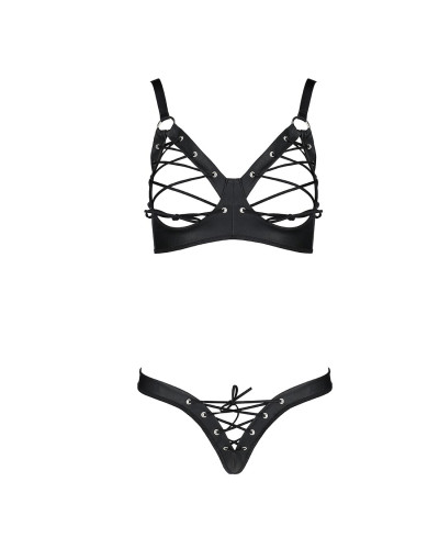 Комплект з екошкіри Passion CELINE BIKINI S/M black відкритий бра зі стрічками, стрінги зі шнурівкою - Фото №3