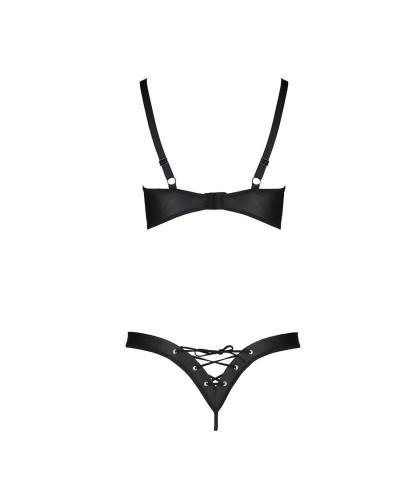 Комплект з екошкіри Passion CELINE BIKINI S/M black відкритий бра зі стрічками, стрінги зі шнурівкою - Фото №4