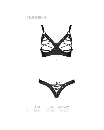 Комплект з екошкіри Passion CELINE BIKINI S/M black відкритий бра зі стрічками, стрінги зі шнурівкою - Фото №5