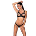 Комплект Passion CELINE BIKINI 2XL/3XL black відкритий бра з стрічками стрінги з шнурівкою, екошкіра - Фото №1