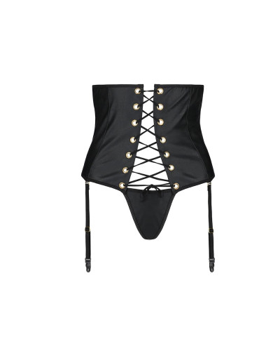 Пояс-корсет из экокожи Passion CELINE SET S/M, black, шнуровка, съемные пажи для чулок, стринги - Фото №5