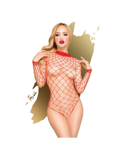 Боді Penthouse Scandalous S/L Red, велика сітка, високий комір, довгі рукави - Фото №1