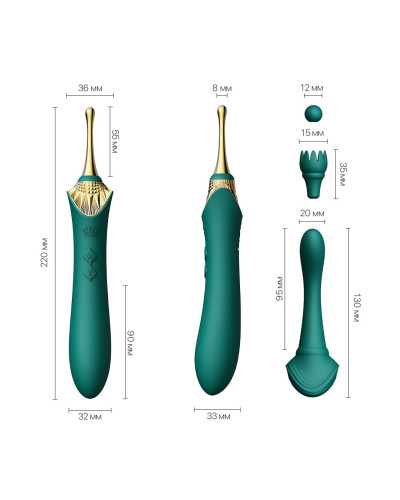 Вагинально-клиторальный вибратор Zalo — Bess Turquoise Green, многофункциональный с насадками - Фото №2