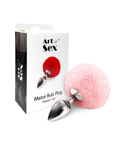 Металевий анальний затор М Art of Sex - Metal Butt plug Rabbit Tail, Ніжно-рожевий - Фото №3