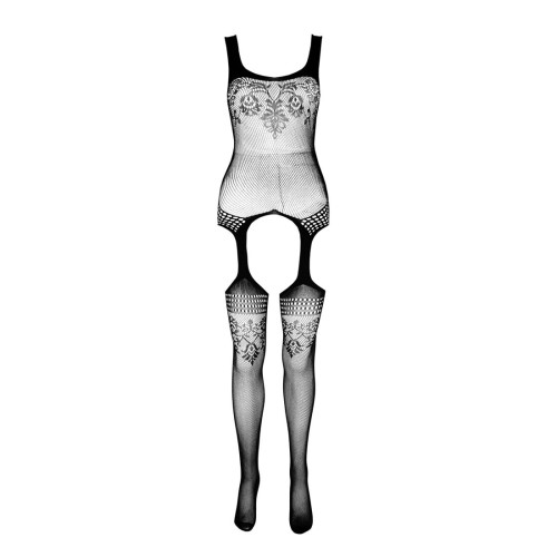 Бодистокинг Passion ECO BS008 black, с доступом, флористический декор, имитация подвязок