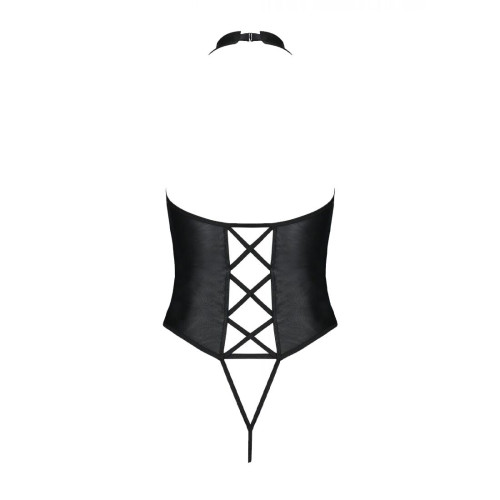 Боді з екошкіри Passion NANCY BODY 4XL/5XL black, з імітацією шнурівки та відкритим доступом