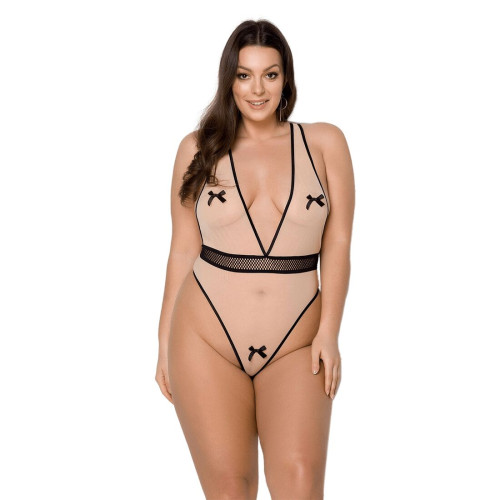 Боди Passion VIENA BODY 6XL/7XL, beige, контрастное, бантики, вставка-сетка, открытые ягодицы