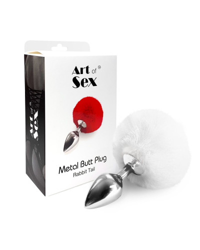 Металлическая анальная пробка М Art of Sex - Metal Butt plug Rabbit Tail, Белый - Фото №3