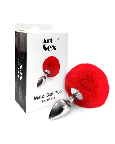 Металевий анальний затор М Art of Sex - Metal Butt plug Rabbit Tail, Червоний - Фото №3