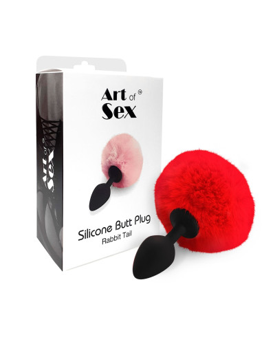 Силиконовая анальная пробка М Art of Sex - Silicone Bunny Tails Butt plug Red, диаметр 3,5 см - Фото №3