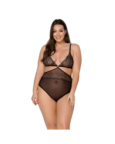 Боди Passion AMBERLY BODY 4XL/5XL black, ассиметричный крой, кружевной лиф, золотая нить - Фото №1