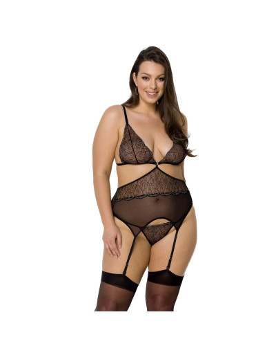 Корсет із пажами Passion AMBERLY CORSET 6XL/7XL, black, асиметричний крій, мережива, стрінги - Фото №1