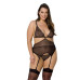 Корсет із пажами Passion AMBERLY CORSET 6XL/7XL, black, асиметричний крій, мережива, стрінги - Фото №1