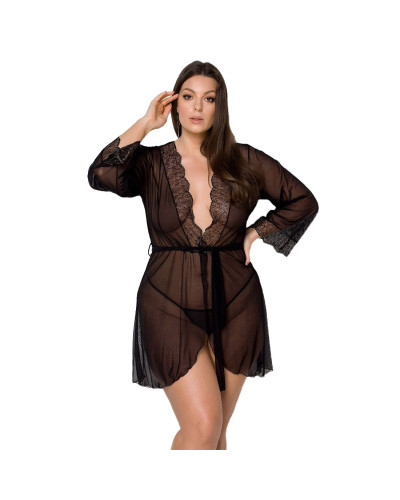 Пеньюар Passion AMBERLY PEIGNOIR 4XL/5XL, black, ажурные декольте и манжеты, широкие рукава - Фото №1