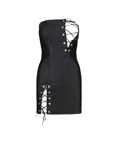 Мінісукня з екошкіри Passion CELINE CHEMISE 4XL/5XL, black, шнурівка, трусики в комплекті - Фото №3