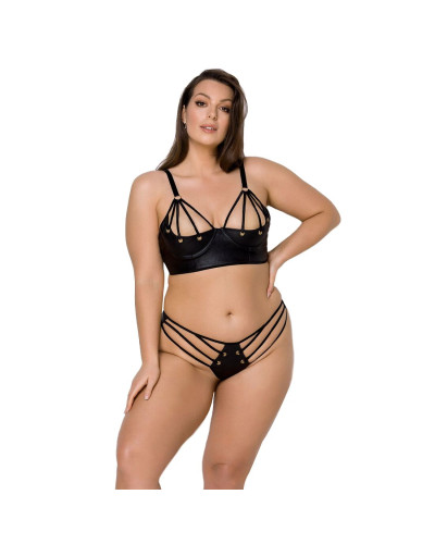 Комплект з екошкіри Passion MALWIA BIKINI 4XL/5XL black, з люверсами та ремінцями, бра, трусики - Фото №1