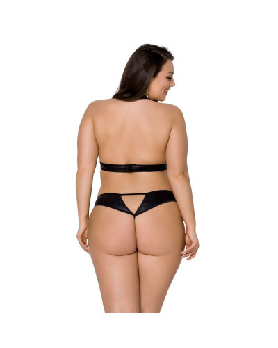 Комплект із екошкіри Passion MALWIA SET with Open Bra 6XL/7XL black, топ та трусики з люверсами - Фото №2
