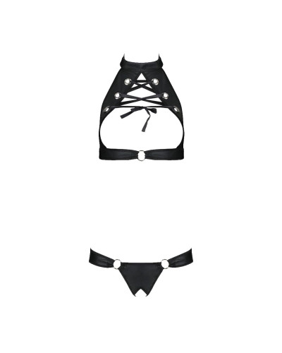 Комплект із екошкіри Passion MALWIA SET with Open Bra 6XL/7XL black, топ та трусики з люверсами - Фото №3