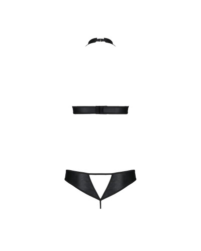 Комплект із екошкіри Passion MALWIA SET with Open Bra 6XL/7XL black, топ та трусики з люверсами - Фото №4
