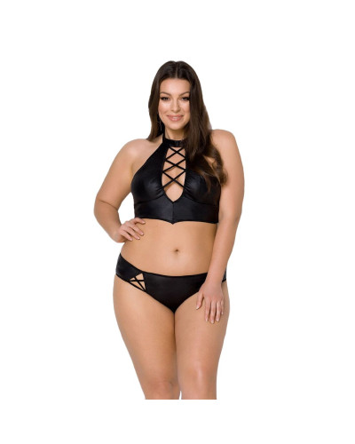 Комплект из экокожи Passion NANACY BIKINI 6XL/7XL black, бра и трусики с имитацией шнуровки - Фото №1