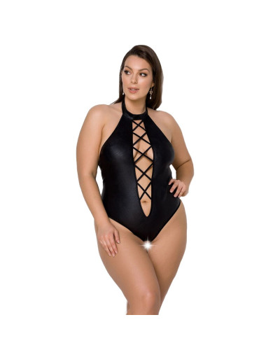 Боди из экокожи Passion NANCY BODY 6XL/7XL black, с имитацией шнуровки и открытым доступом - Фото №1