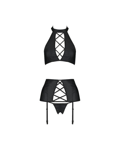 Комплект з екошкіри Passion NANCY SET 4XL/5XL black, імітація шнурівки, топ, пояс для панчіх - Фото №3