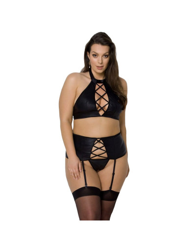 Комплект із екошкіри Passion NANCY SET 6XL/7XL black, імітація шнурівки, топ, пояс для панчіх - Фото №1