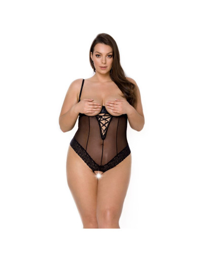 Боди Passion Exclusive NORTH BODY 6XL/7XL black, открытая грудь, с доступом, винил и кружева - Фото №1