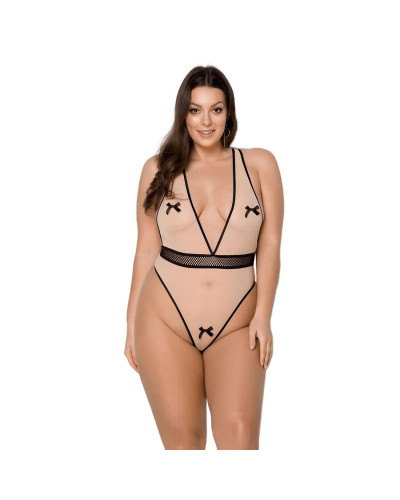 Боді Passion VIENA BODY 4XL/5XL, beige, контрастне, бантики, вставка-сітка, відкриті сідниці - Фото №1