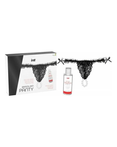 Набір Intt BRAZILIAN PANTY BLACK: трусики на зав’язках S-XL з перлинним кільцем + полунична змазка - Фото №1
