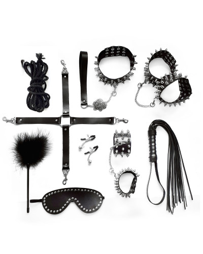 BDSM-набір Art of Sex – Spikes BDSM Set Leather, 10 предметів, чорний, натуральна шкіра - Фото №1