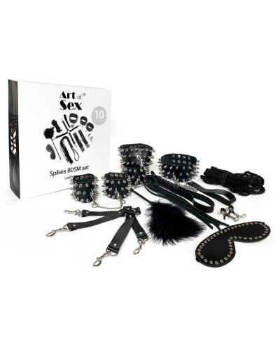 BDSM-набір Art of Sex – Spikes BDSM Set Leather, 10 предметів, чорний, натуральна шкіра - Фото №4
