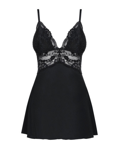 Сатиновий пеньюар з мереживом Obsessive 810-BAB-1 babydoll & thong L/XL, чорний, пеньюар, танга - Фото №5