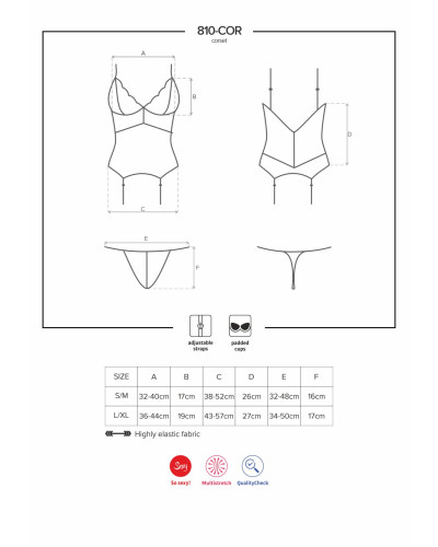 Сатиновый кружевной корсет Obsessive 810-COR-1 babydoll & thong S/M, черный, корсет, танга - Фото №7