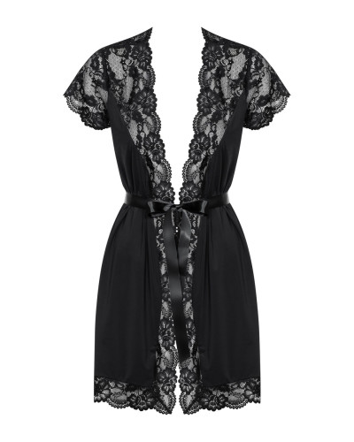 Сатиновый открытый пеньюар на поясе Obsessive 810-PEI–1 peignoir black 2XL/3XL, черный - Фото №5