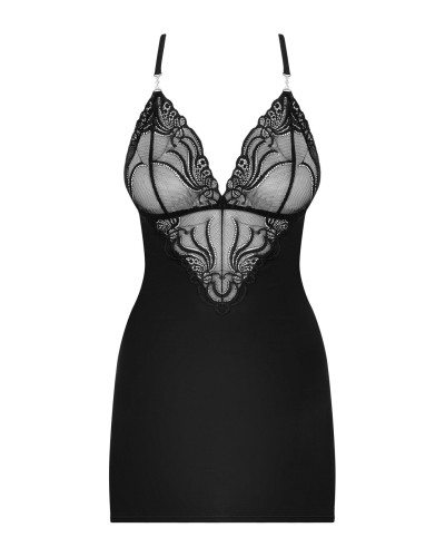 Сатиновый комплект для сна с кружевом Obsessive 828-CHE-1 chemise & thong S/M, черный, сорочка, стри - Фото №5