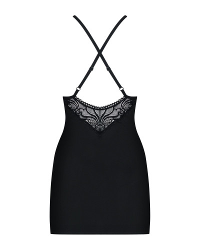 Сатиновый комплект для сна с кружевом Obsessive 828-CHE-1 chemise & thong S/M, черный, сорочка, стри - Фото №6