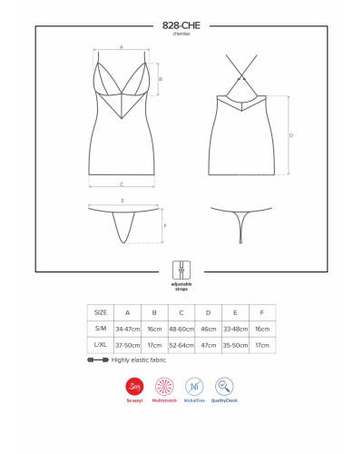 Сатиновый комплект для сна с кружевом Obsessive 828-CHE-1 chemise & thong S/M, черный, сорочка, стри - Фото №7