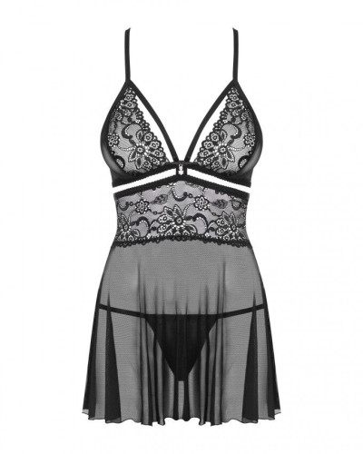 Еротичний мереживний комплект із сіточкою Obsessive 838-BAB-1 babydoll & thong black L/XL, чорний, п - Фото №6