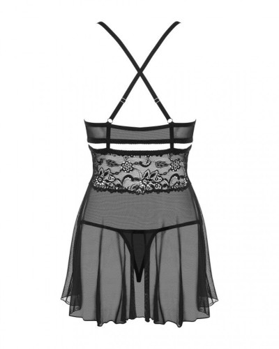 Еротичний мереживний комплект із сіточкою Obsessive 838-BAB-1 babydoll & thong black L/XL, чорний, п - Фото №7