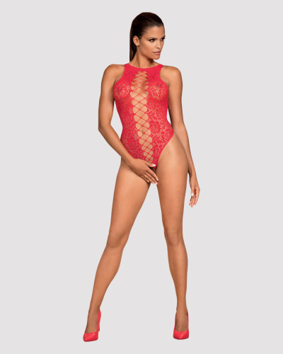 (SALE) Ажурный бодистокинг с эффектом шнуровки Obsessive B120 teddy red S/M/L, красный - Фото №3
