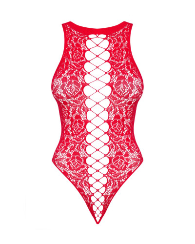 (SALE) Ажурный бодистокинг с эффектом шнуровки Obsessive B120 teddy red S/M/L, красный - Фото №5
