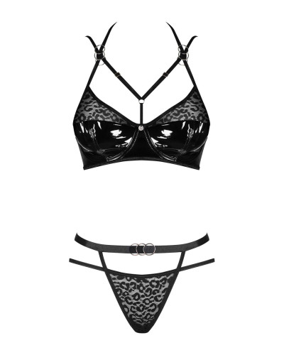 Еротичний комплект під латекс зі стрепами Obsessive Bagirela 2-pcs set L/XL, чорний, під леопард, бю - Фото №5