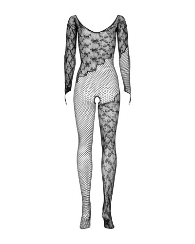 (SALE) Бодистокинг Obsessive Bodystocking F210 S/M/L black, рукава-митенки, сетка, цветное кружево - Фото №1