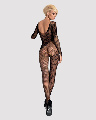 (SALE) Бодистокинг Obsessive Bodystocking F210 S/M/L black, рукава-митенки, сетка, цветное кружево - Фото №5