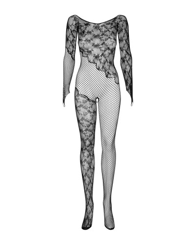 (SALE) Бодистокинг Obsessive Bodystocking F210 S/M/L black, рукава-митенки, сетка, цветное кружево - Фото №6
