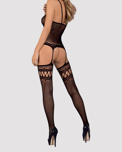 (SALE) Бодістокінг Obsessive Bodystocking F214 black S/M/L, імітація корсета та панчіх на підв’язках - Фото №6