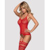 (SALE) Бодістокінг Obsessive Bodystocking F214 red S/M/L, імітація корсета та панчіх на підв’язках - Фото №1