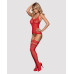 (SALE) Бодістокінг Obsessive Bodystocking F214 red S/M/L, імітація корсета та панчіх на підв’язках - Фото №3